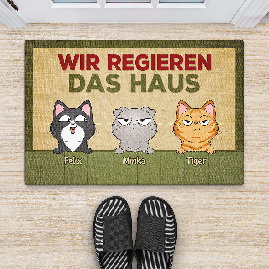 3408DGE2 wir regieren das haus  personalisierte fussmatte fur tierliebhaber im retro stil