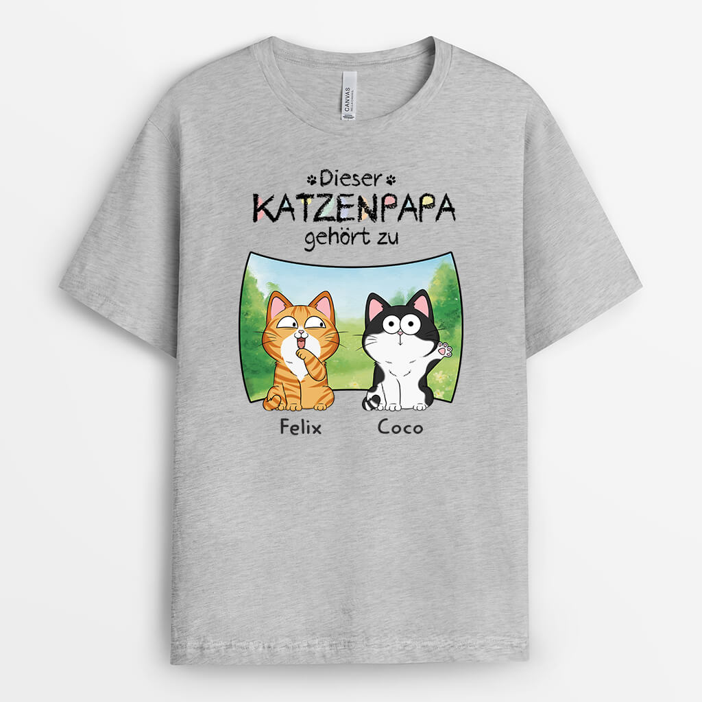 3437AGE2 diese katzenmama gehort zu  personalisiertes t shirt fur katzenliebhaber im stil von crayon mit hintergrund aus gras und baumen