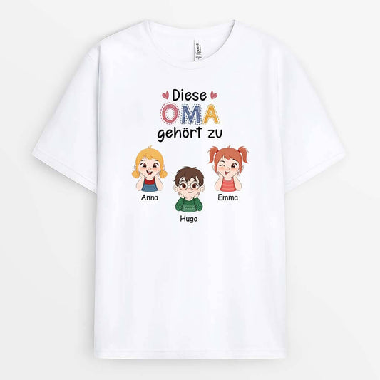 3452AGE1 diese oma gehort zu  personalisiertes t shirt fur omas mit kinder cartoon und schriftzug in bunten farben