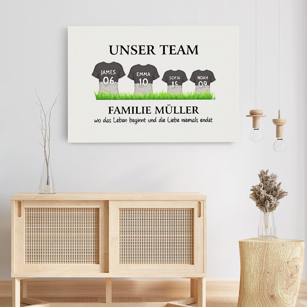3528CGE3 unser team die familie wo das leben beginnt und die liebe niemals endet personalisierte leinwand fur die familie fussballfans oder eltern 3528c