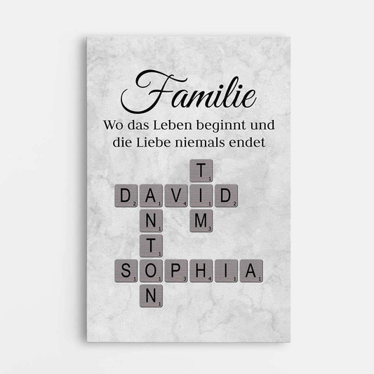 3591CGE1 familie wo das leben beginnt und die liebe niemals endet  personalisierte leinwand fur die familie mit kreuzwortratsel design