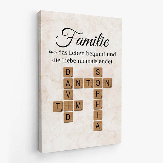 3591CGE2 familie wo das leben beginnt und die liebe niemals endet  personalisierte leinwand fur die familie mit kreuzwortratsel design