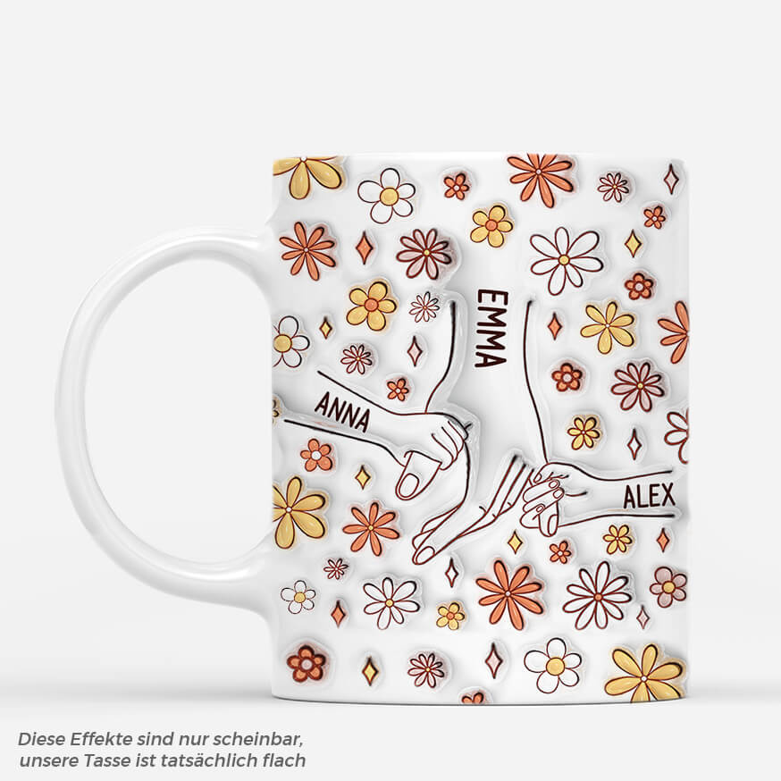 3637MGE1 mama und kinder hand in hand herbstblumenmuster  personalisierte tasse mit 3d inflated effekt fur mamas