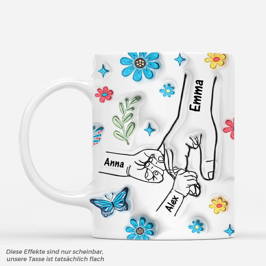 3646MGE1 mama und kinder hand in hand blumen und tagfalter  personalisierte tasse mit 3d inflated effekt fur mamas