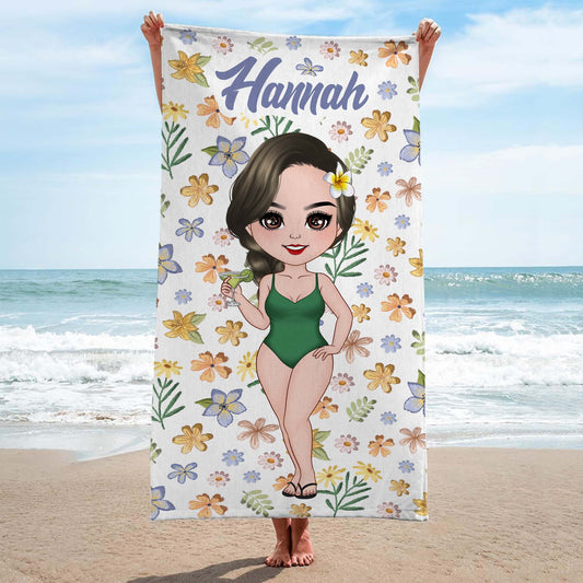 4593BGE2 frau mit blumen blattern strandtuch personalisiert_ 4593B5M0A