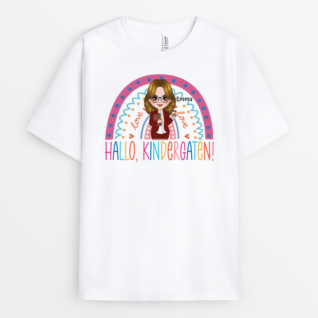 4983AGE1 hallo kindergarten klasse regenbogen personalisiertes lehrerin t shirt_ 4983ATM0T