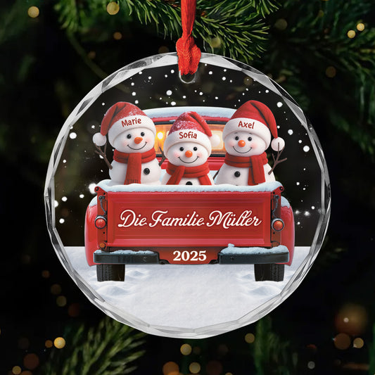 5659OGE1 schneemann im roten auto personalisierter christbaumschmuck familie_ glas 5659OTVZI