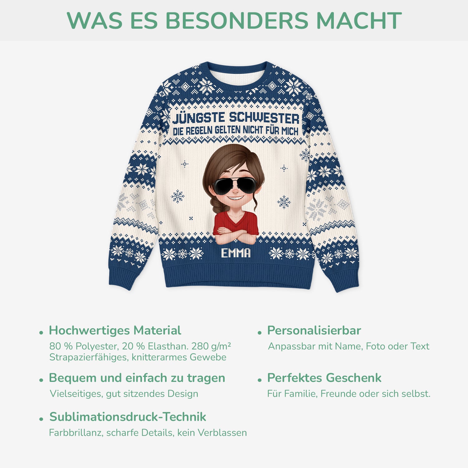 5770WGE5 jungste schwester die regeln gelten nicht fur mich lustiger weihnachtspulli personalisiert geschwister 5770W8VNA