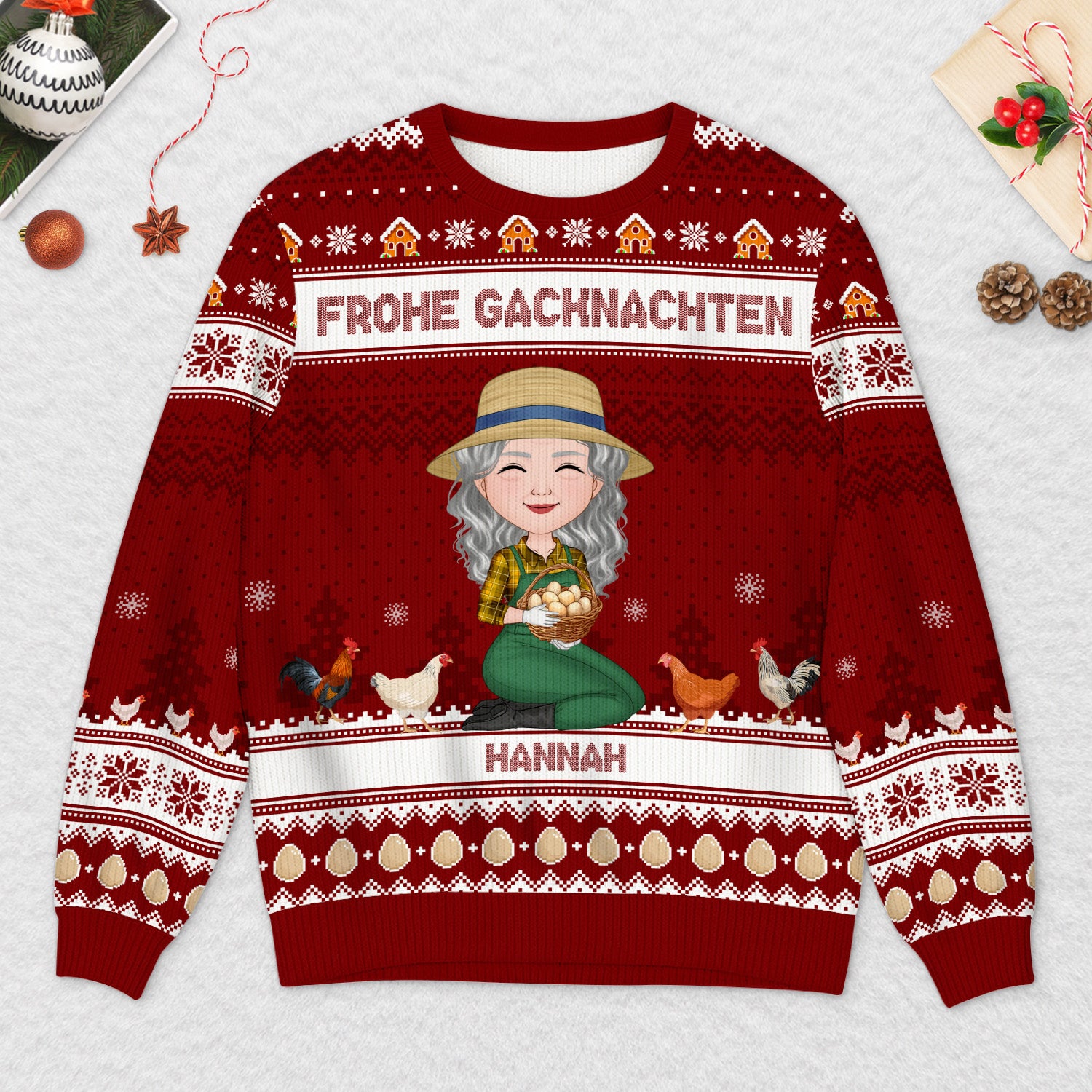 5777WGE2 frohe gacknachten personalisierter weihnachtspullover frau huhn 5777W3TMA