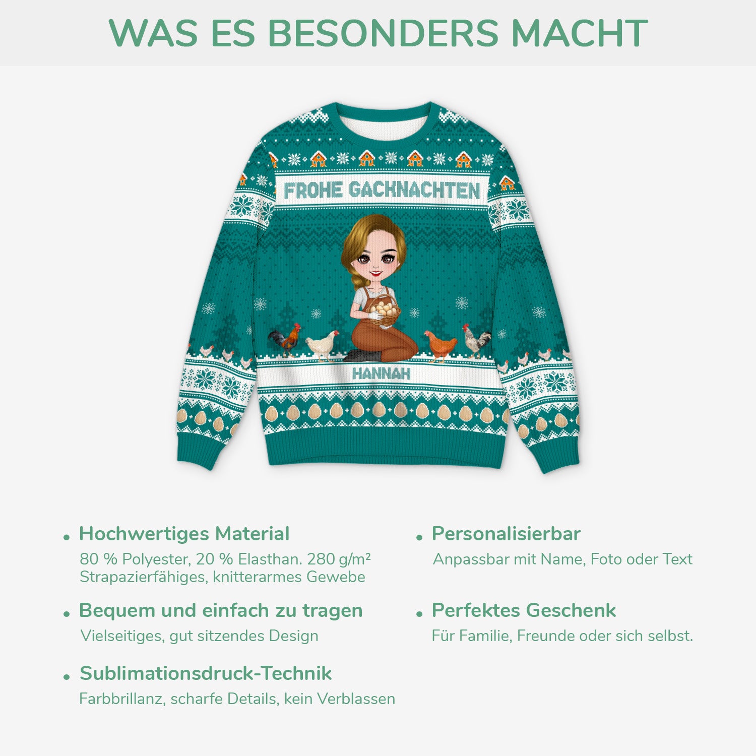 5777WGE5 frohe gacknachten personalisierter weihnachtspullover frau huhn 5777W3TMA