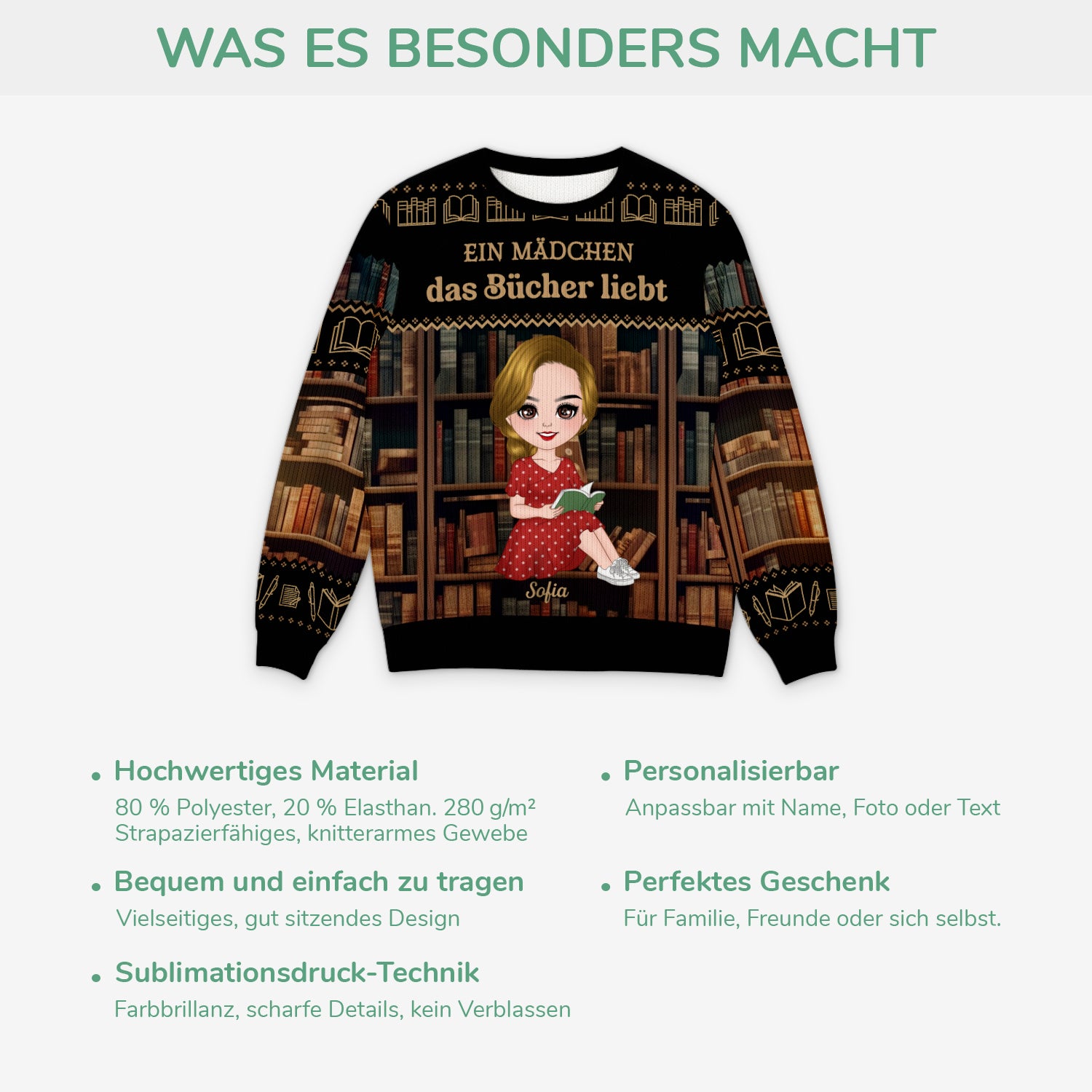 5814WGE5 ein madchen die bucher liebt weihnachtspullover damen personalisiert leseratten 5814WKMZA