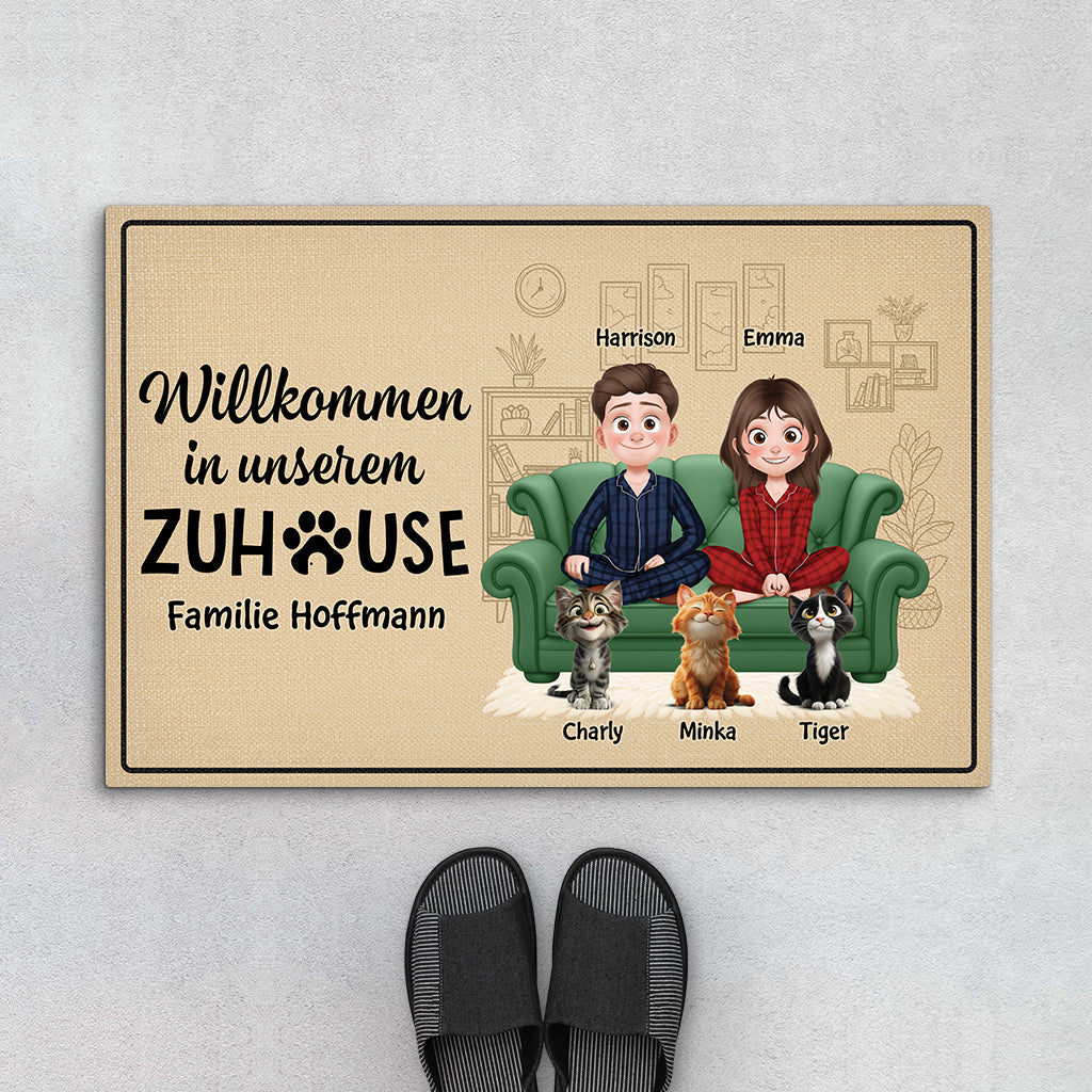 5933DGE1 willkommen in unserem zuhause katze fussmatte personalisiert paar_ 5933D6HND