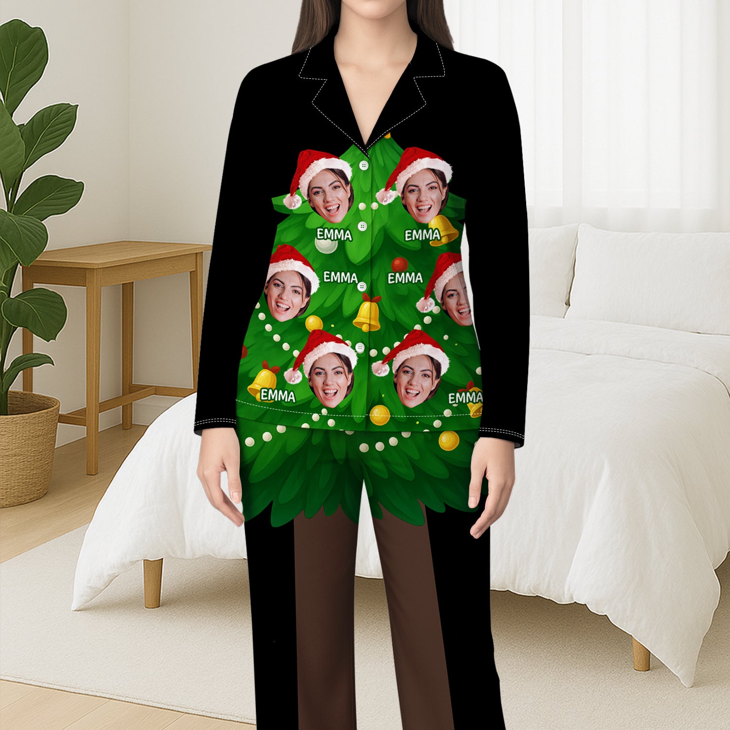 6054VGE3 weihnachtsbaum mit gesicht lustiger pyjama personalisiert_ damen und herren 6054VKHNB