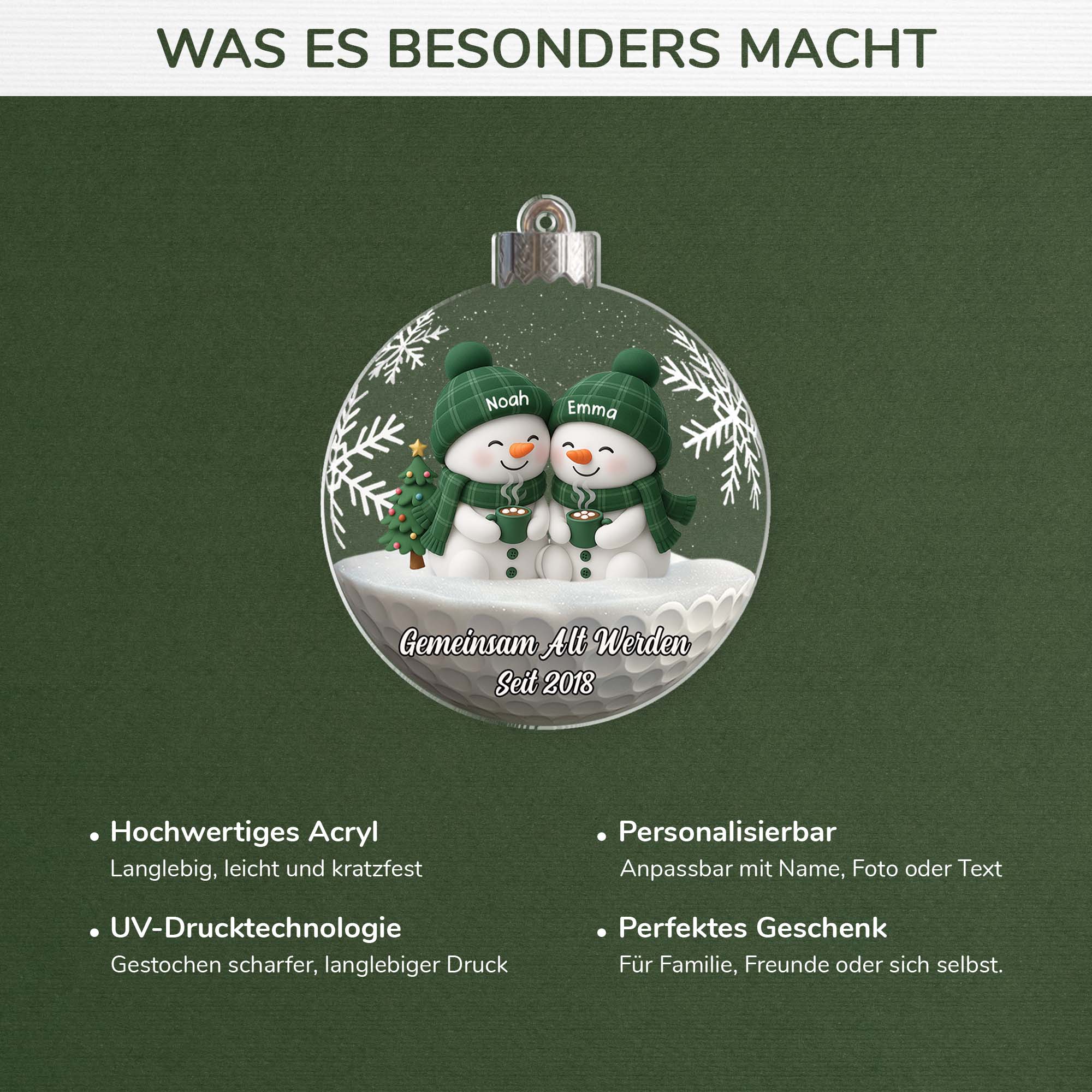 7136OGE4 3d druck effekt gemeinsam alt werden seit acryl weihnachtsschmuck personalisiert paare gruner schneemann 7136O8Q5G