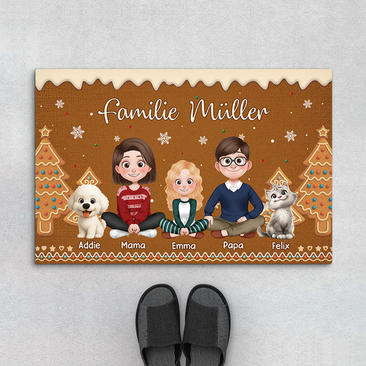 7221DGE1 eine familie zu weihnachten_ cartoon personalisierte fussmatte familie mit hund und katze_ 7221D3PTI