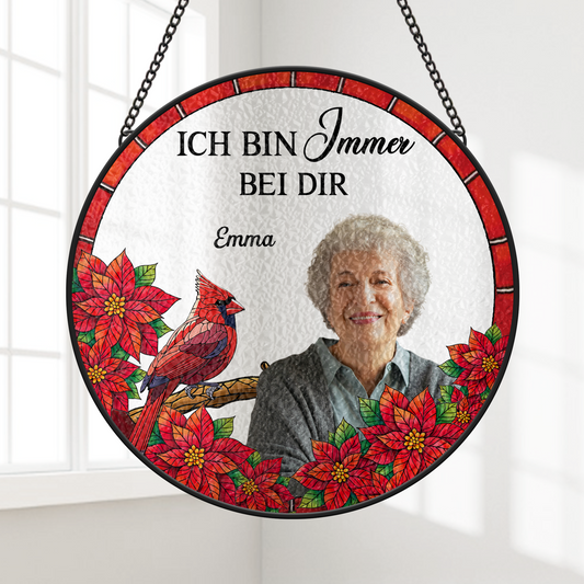7676UGE1 ich bin immer bei dir rotkardinal personalisierte trauergeschenke  buntglas sonnenfanger foto papamama 7676u3taa