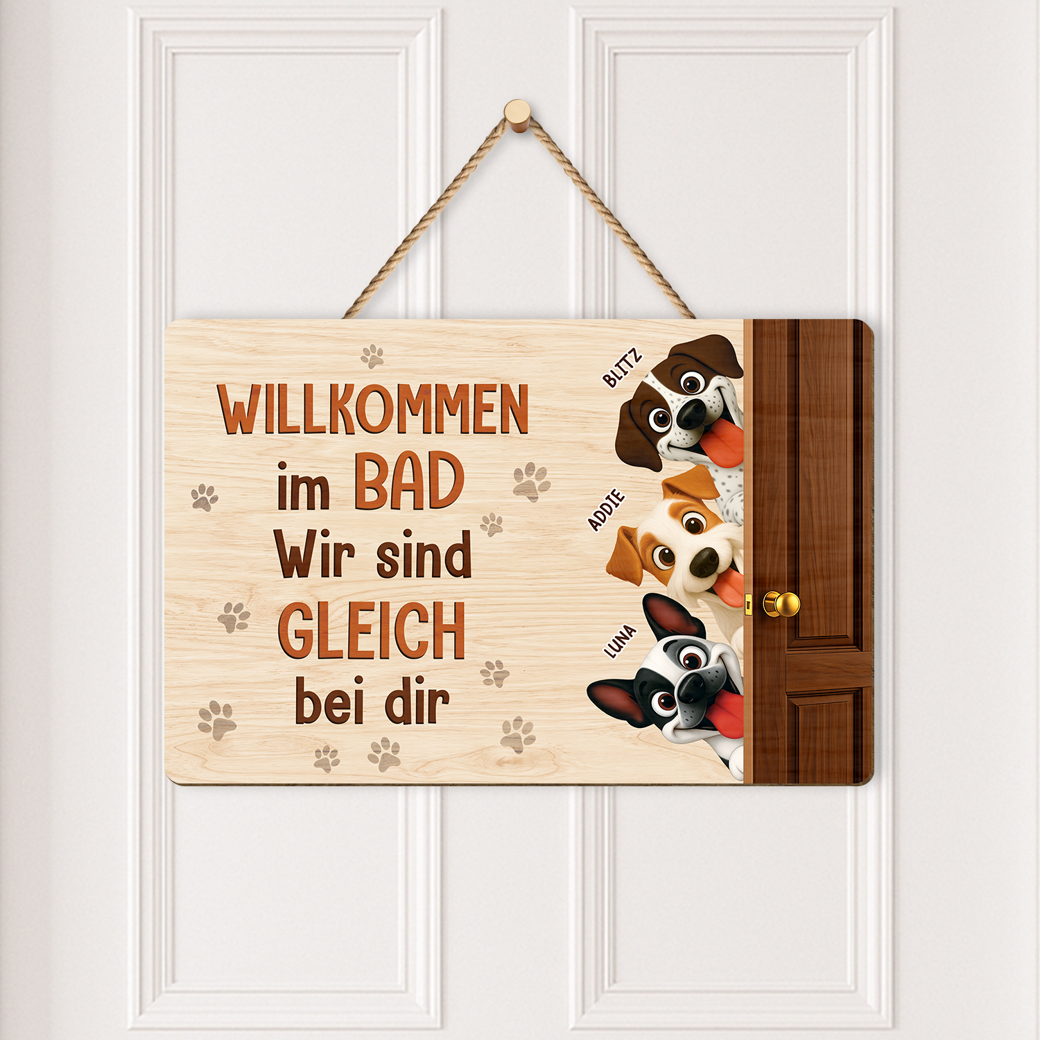 7735QGE2 willkommen im bad wir sind gleich bei dir holzschild personalisiert_ hund 7735qtrac