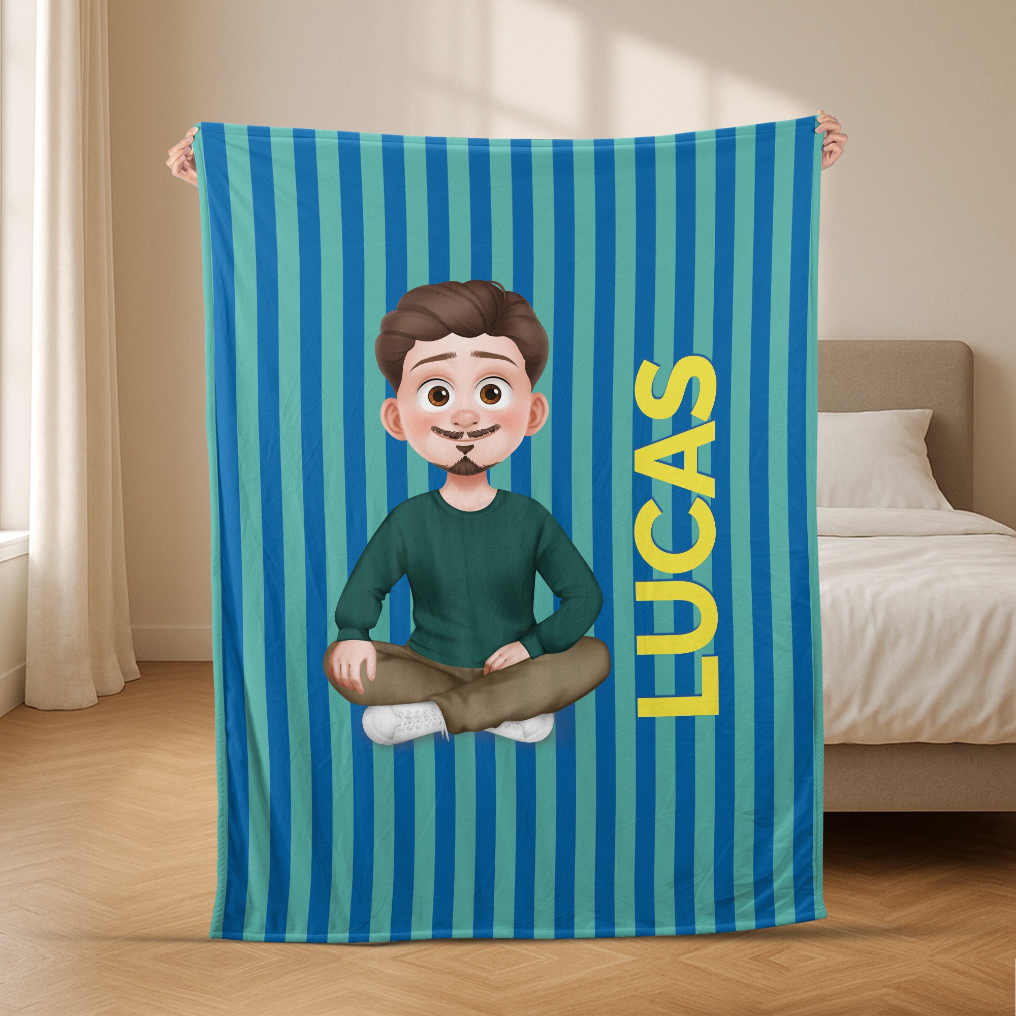 7814BGE2 fraumann cartoon mit namen personalisiertes geschenk  gestreifte kuscheldecke 7814bcqca