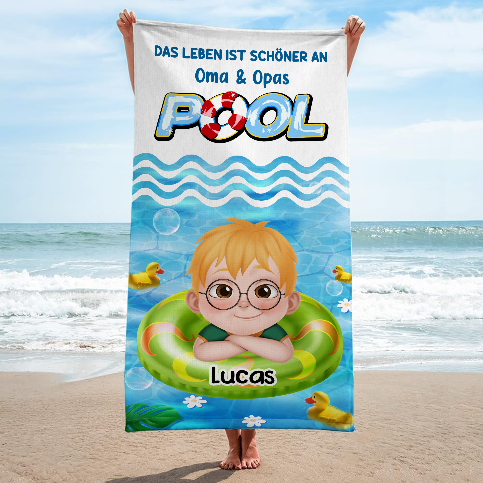 9264BGE2 das leben ist schoner an oma  opas pool personalisierte geschenke kinder  strandtuch 9264bccbk