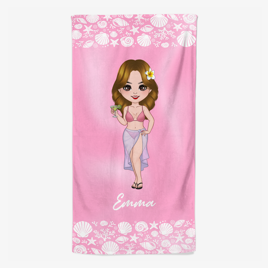9277BGE1 frau am strand bikini personalisiertes geschenk  strandtuch muschelschale 9277b8cna